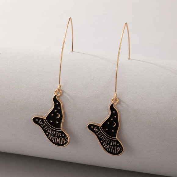 Gold & Black Wizard in Training Witch Wizard Hat Halloween Earrings NEW - Picture 2 of 6